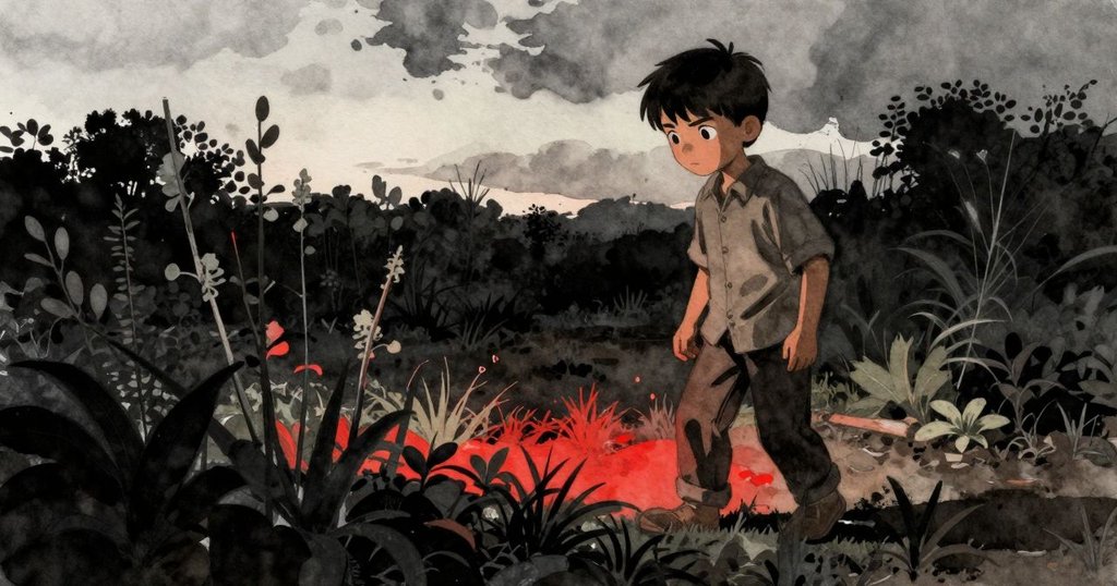 Jonas在完成堆肥的花園中退後欣賞勞作成果，柔和黃昏光與深邃陰影交織，展現寧靜滿足。