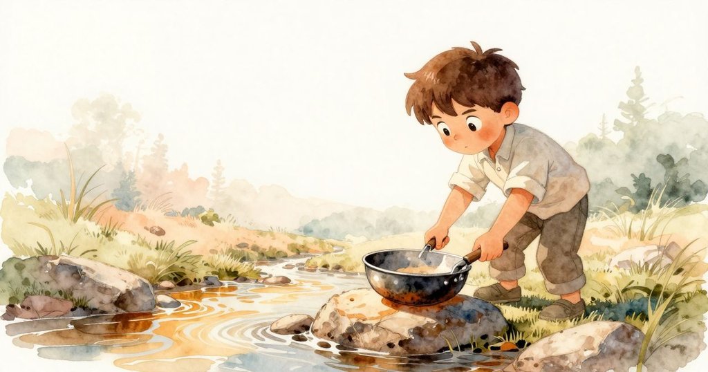 本恩在溪邊的岩石上放置金屬煎鍋，陽光灑下溫暖光芒，背景自然景觀展現晨曦氣息