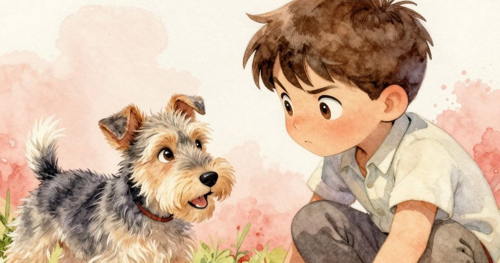 本恩專注操作煎鍋，臉上表情充滿決心，旁邊的獵狗好奇觀望，背景柔和自然光線