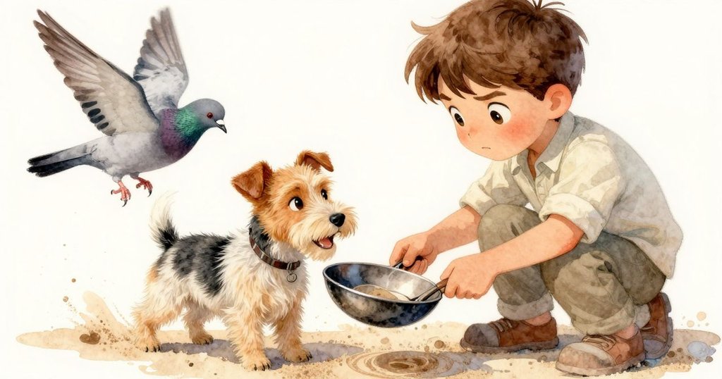 本恩的手輕柔攪動煎鍋，砂粒和微光碎片在水中流動，細緻紋理突顯自然分離過程