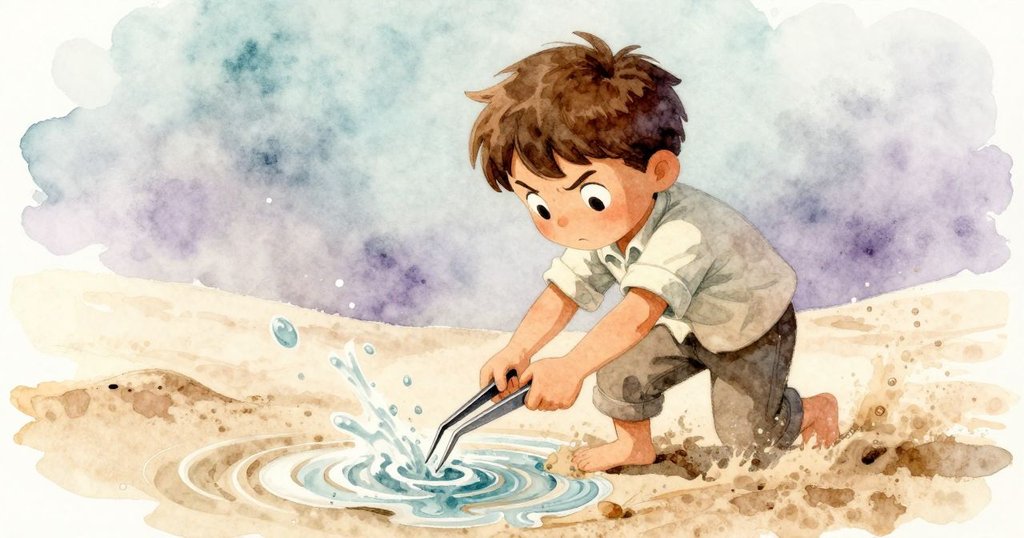 本恩使用鑷子巧妙操作，水流帶動砂粒產生動感軌跡，畫面充滿柔和光線與動態細節