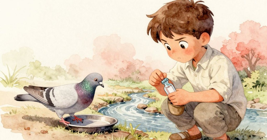 本恩最後將裝有金色新月的瓶子收入口袋，滿足心情中隱約展現，旁邊鴿子輕觸空鍋，收束自然日尾