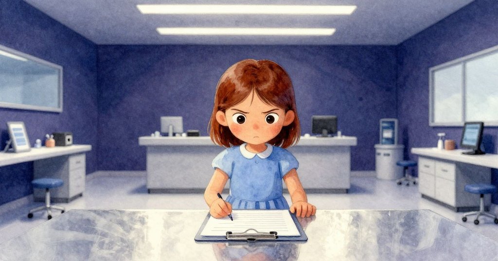 雅拉站在診所內靠著桌子，桌面上反射出她專注的眼神，開始填寫表格，充滿決心