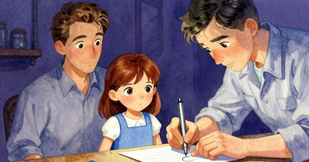 雅拉用力轉動筆桿，手上細節清晰可見，半簽的紙上出現不規則墨跡，充滿決心