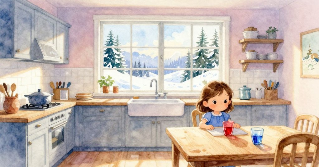 Ruby在溫馨廚房中站立，明亮晨光從窗戶灑進來，她正輕觸紅色玻璃，神情充滿好奇與期待