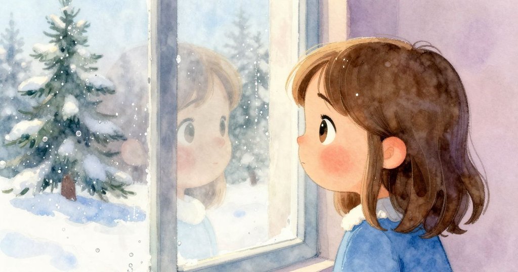 Ruby透過窗玻璃凝視水滴閃耀，她的倒影映現出專注神情，窗外花園模糊，整體氛圍溫暖