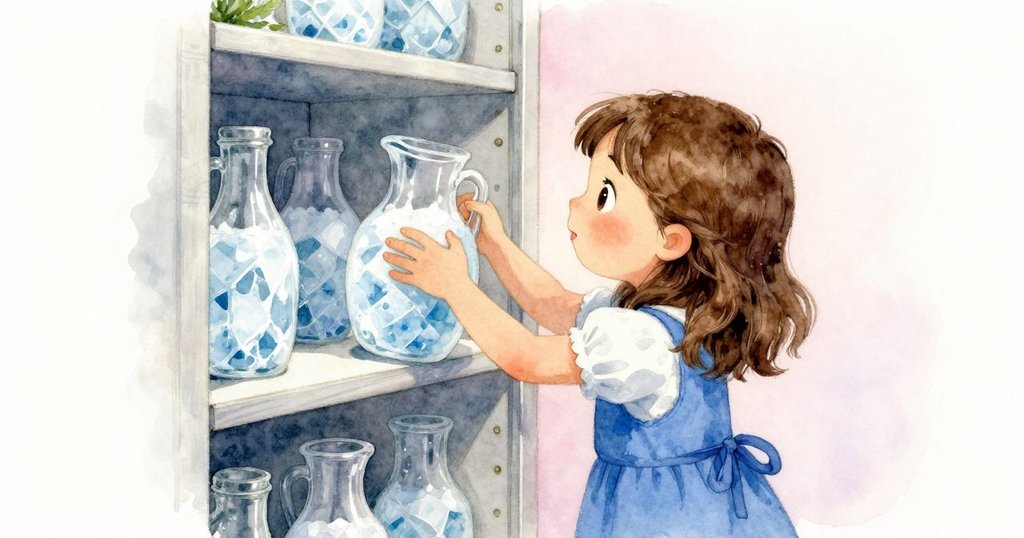 Ruby在隱秘的廚房儲藏室中發現冰塊水壺，正從架上取下，神情充滿驚喜，場景溫馨而靜謐