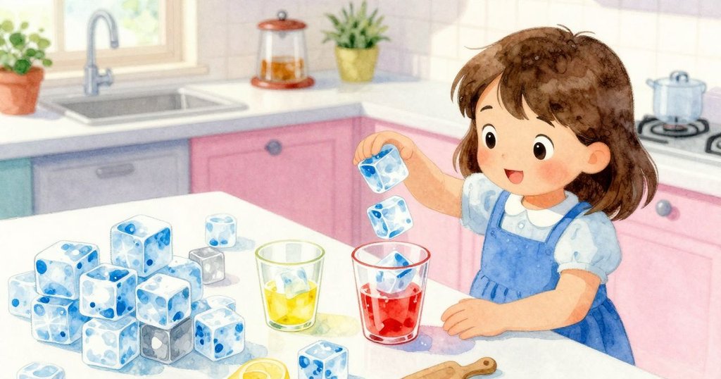 Ruby在櫃檯前小心地將冰塊投入紅黃玻璃中，看著水面產生微霧和水滴，臉上滿是驚嘆與期待