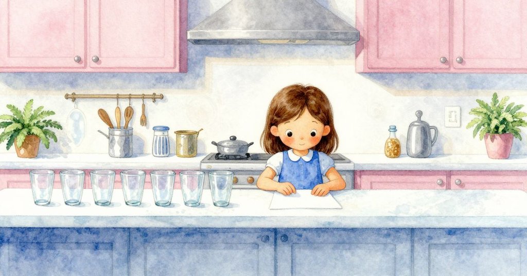 Ruby在寧靜廚房中微笑著放下筆記本，三個玻璃容器水位均勻，室內溫暖柔和光線映襯出和諧場面