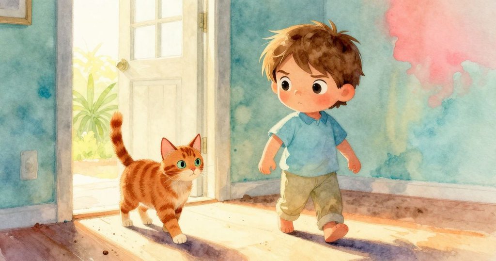 Quinn 踏入明亮房間,腳印散落,橘色貓在桌邊悠閒,陽光灑落,展現冒險起始的堅定神情。