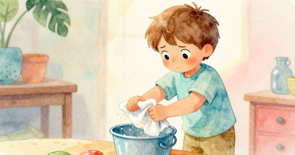 Quinn 專注地用布擰水桶,水滴在桌面閃爍,呈現室內柔和光線下的清掃細節與溫馨氛圍。