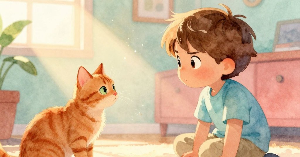 橘色貓從低角度觀察房間,陽光照射下塵埃舞動,牠輕輕擺動尾巴,流露出專注與好奇的神情。