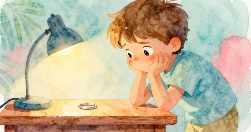 Quinn 暫停清掃,凝視桌上亮澤的環形痕跡,燈光柔和映襯下展現沉思與新點子的瞬間。