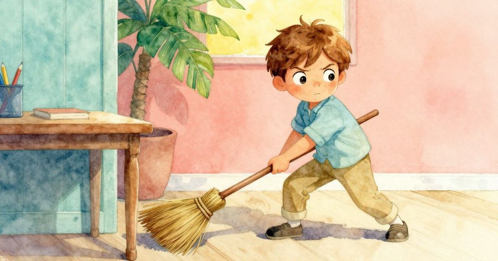 Quinn 專注地用掃把掃除桌角頑固塵垢,隨著陰影漸深,神情中流露出決心與些許緊張。