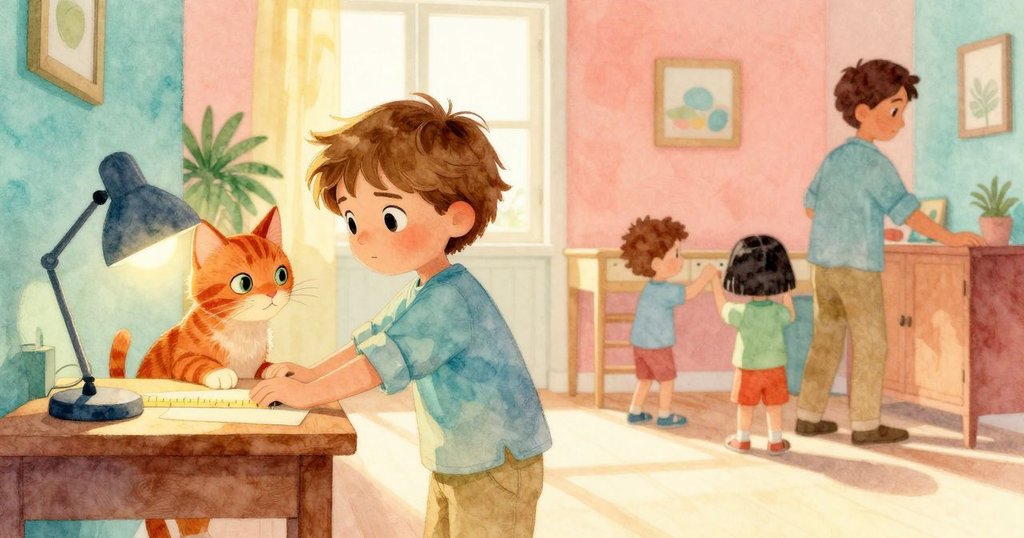 Quinn 輕放檯燈入桌上清潔環形中,兄妹與成人協力搬動書櫃,橘貓靜看全局,家中忙碌卻溫馨。