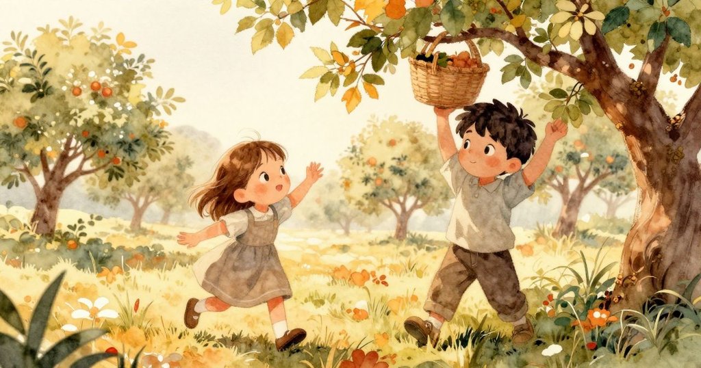 Tess 與 Eamon 在果園中互動, Tess 拎著籃子站在樹蔭下, Eamon 靠近梯子, 光線柔和暖心