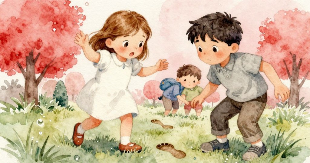 Tess 與 Eamon 仔細查看草地上的印記, 充滿好奇, 印記清晰可見, 環境柔和自然