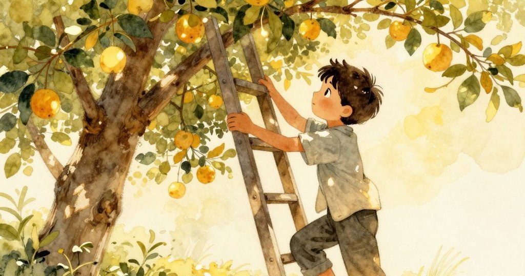 Eamon 在果樹下調整梯子, 陽光穿過樹枝灑落, 果實閃爍, 氣氛專注且溫暖