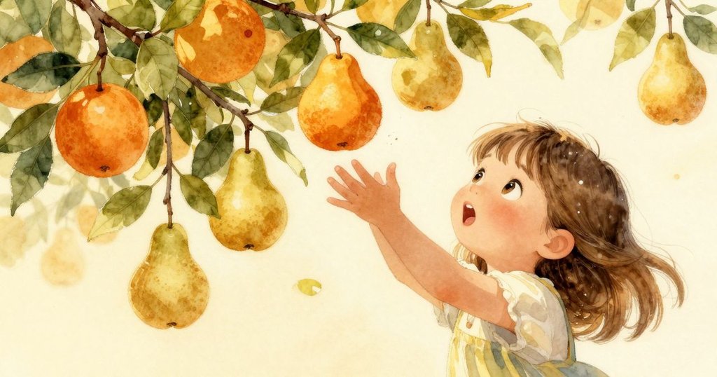 Tess 正在伸手摘取果實, 伴隨擺動的樹葉與溫暖陽光, 表情專注且充滿期待