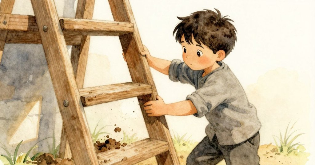 Eamon 小心將木板安放在梯子下, 土壤中顯現新印, 動作專注且充滿實踐精神, 陽光溫暖