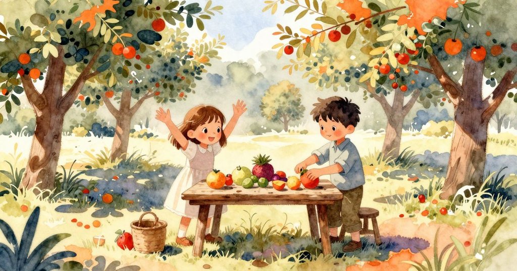 Tess 與 Eamon 在鄉村桌旁整理果實, 桌上排列著收成, 夕陽與影子交錯, 氣氛和諧滿足