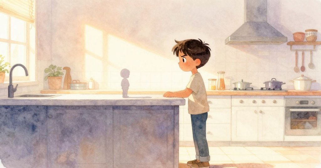 奧斯卡站在溫暖廚房櫃台前，晨光映照下身影清晰，麥片盒垂落銀色襯裡展現晨曦希望。