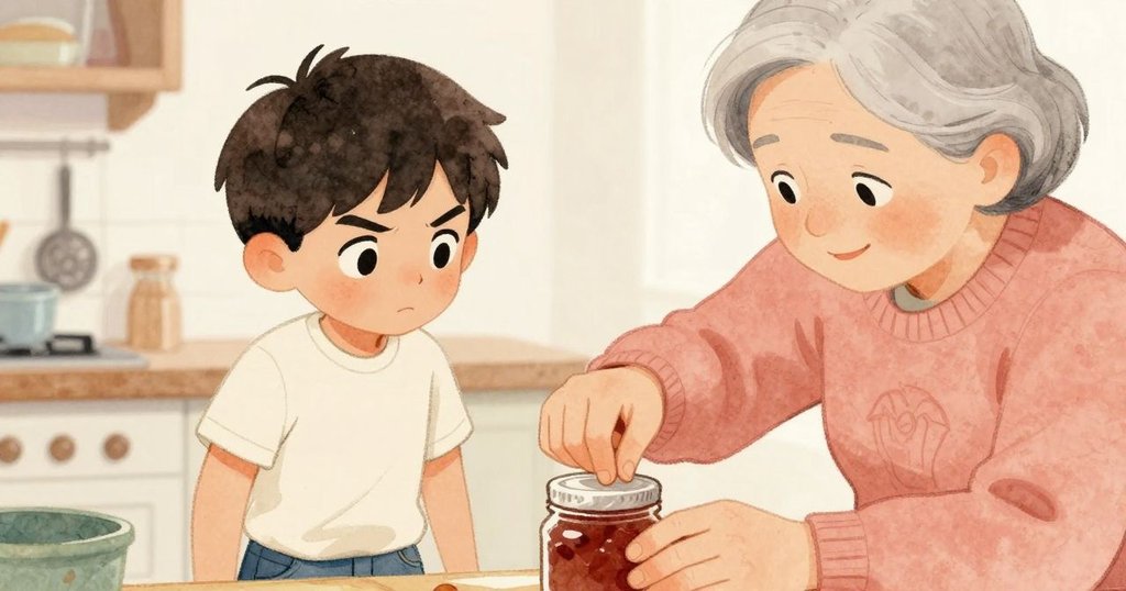 奧斯卡專注扭動果醬瓶蓋，瓶蓋上黏著乾果糖，象徵面對挑戰時的不懈努力。