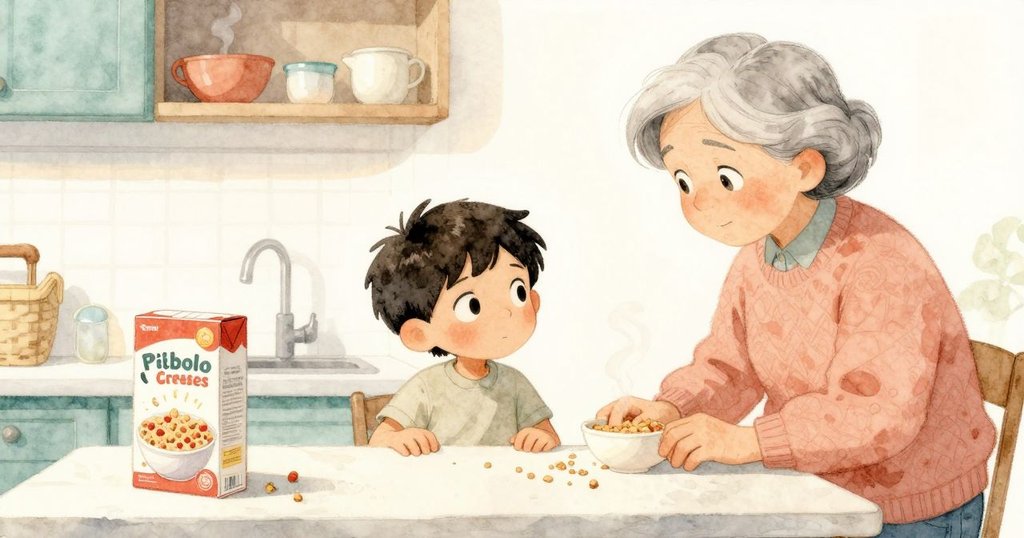 奧斯卡視角呈現微傾櫃台，麥片盒滑動與蒸氣升騰，充滿緊迫感與期待的廚房情景。