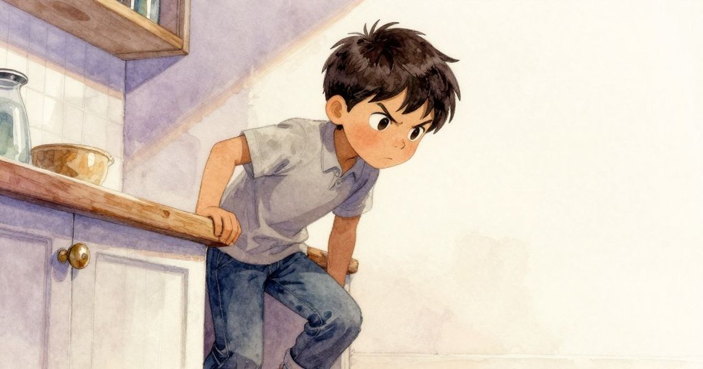 奧斯卡蹲下檢視微傾橡木檯面，發現廚房中隱藏的細節，內心充滿好奇與溫馨。