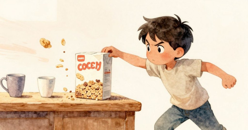 奧斯卡匆忙推杯救物，麥片盒側滑散落橙色碎片，動感描繪出廚房中一刻緊張而溫暖的情景。