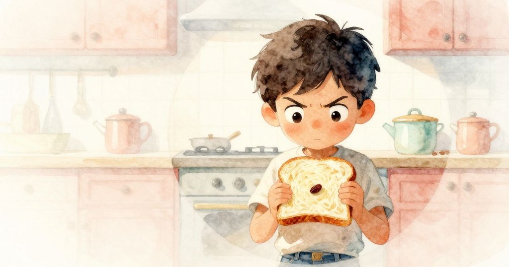 奧斯卡輕撫吐司，中央孤粒葡萄乾靜臥，圓滿呼應開頭情境，散發平靜與溫暖情感。