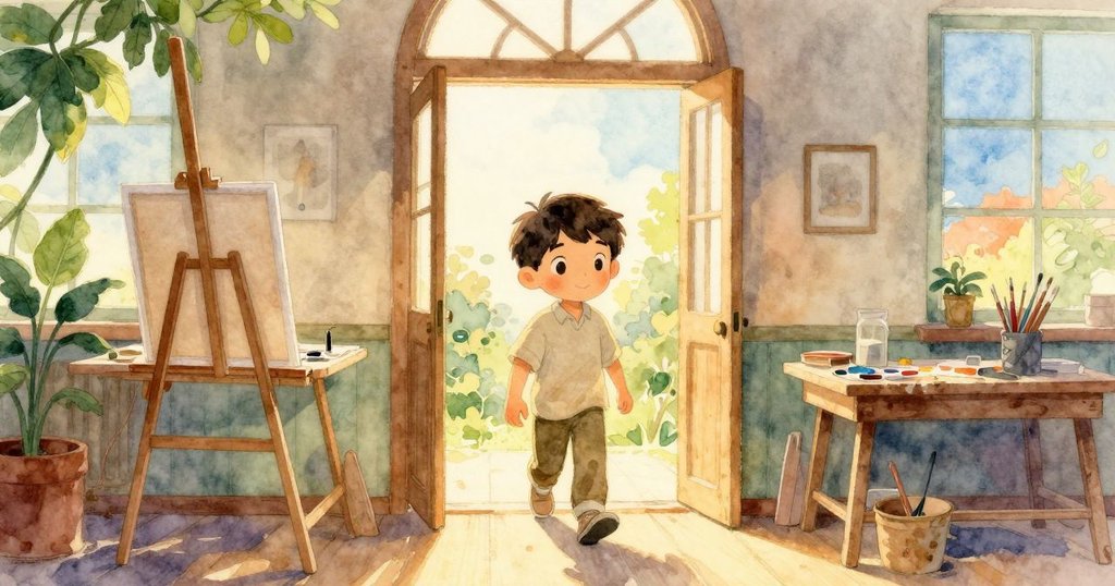 Ned走進溫暖工作室，踏向充滿畫具與柔和燈光的桌邊，神情專注迎向創作旅程