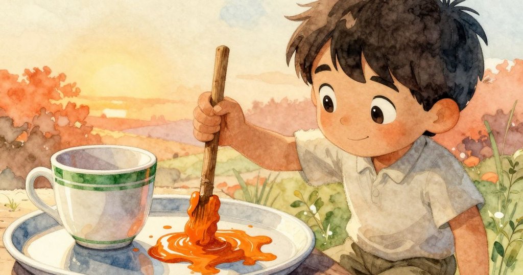 Ned用木棒輕沾橙色油彩，近距離呈現綠痕杯邊和閃爍銅屑，展示細膩藝術創作過程