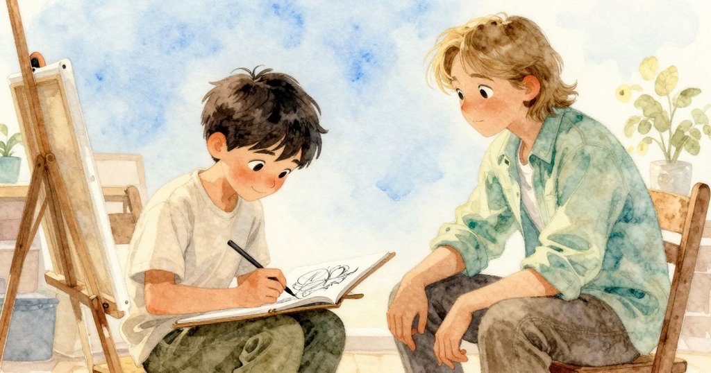 Eli坐在角落專心描繪，目光溫柔注視著正混合油彩的Ned，營造合作創作的溫馨氛圍