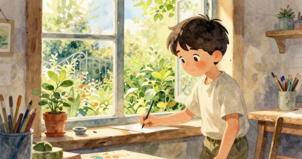 Ned在工作間暫停動作，透過大窗欣賞綠意盎然的花園和交融室內外的暖光，展露沉思神情