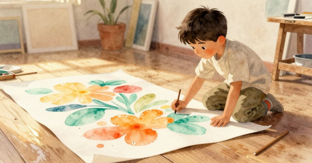 Ned最後鋪上畫紙，神情堅定展望未來，桌上空杯與完成圖案象徵創作圓滿結局，溫暖燈光照耀