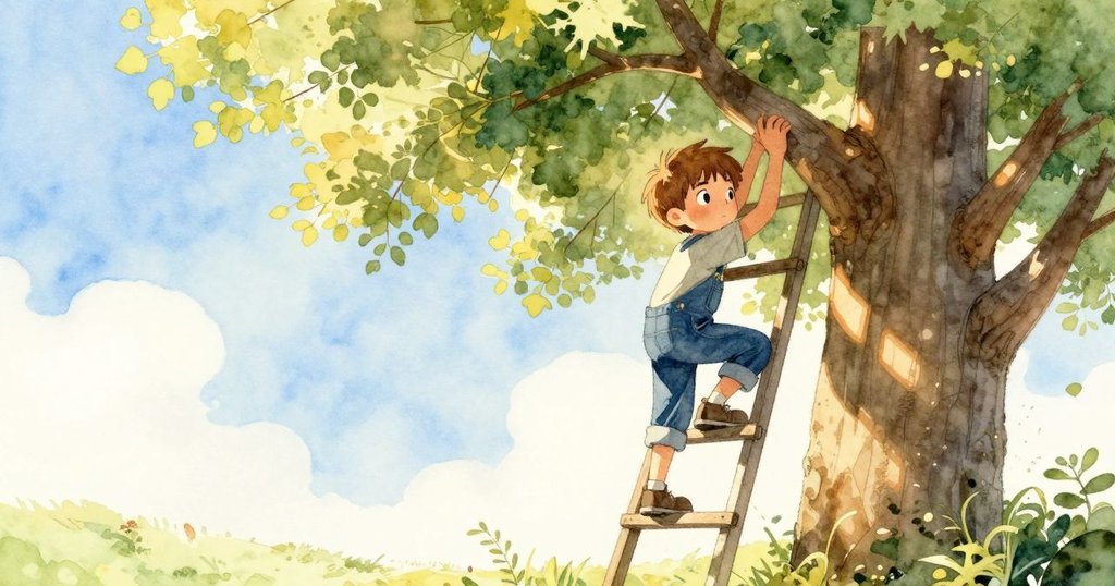 Wyatt攀爬梯子搬運木板，背景明亮晨光映照樹木輪廓，表情專注充滿決心