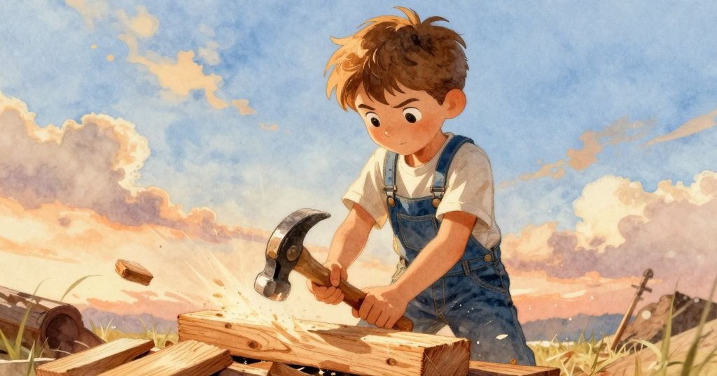 Wyatt用力敲打木板，視角扭曲突顯木紋震動與飛散木屑，畫面充滿動感與專注情緒