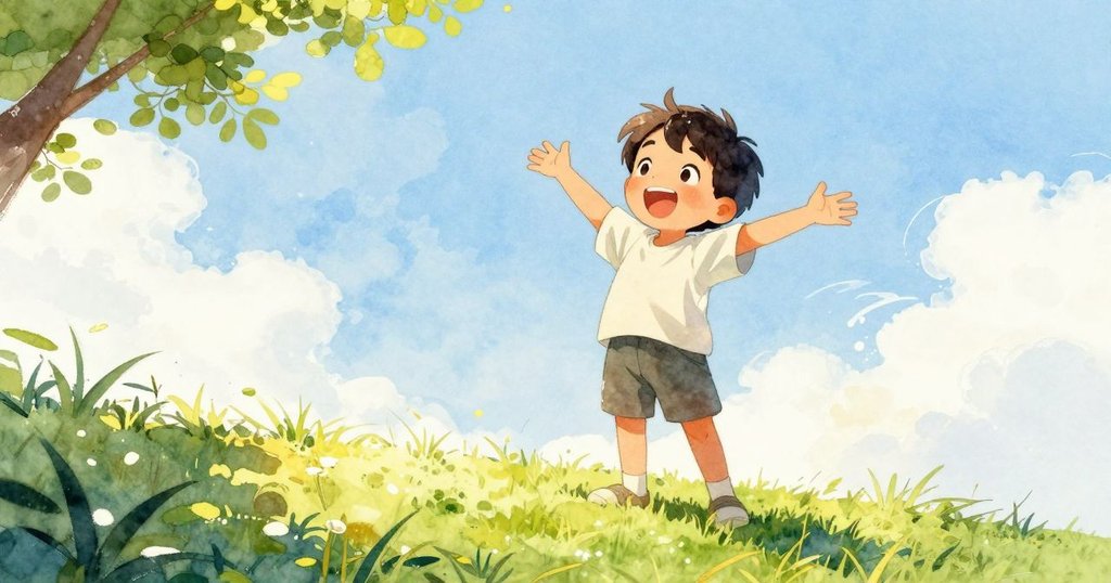 Blake站在草地上伸展身體呼喊午餐準備，臉上洋溢著愉悅笑容，背景綠意盎然陽光明媚