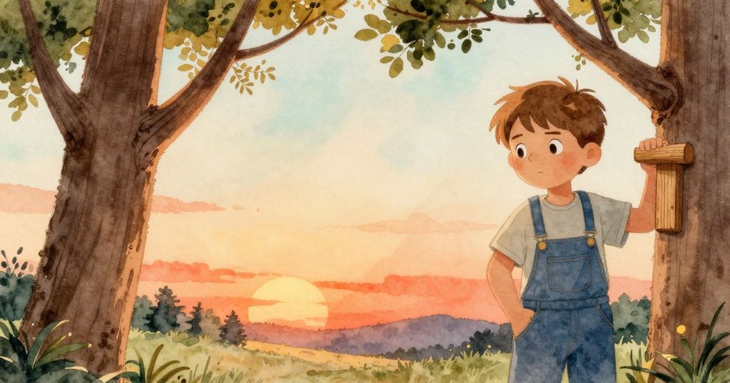 Wyatt於夕陽下靜靜欣賞完成的木接合處，周圍樹木與桶子和諧融合，環境寧靜溫暖