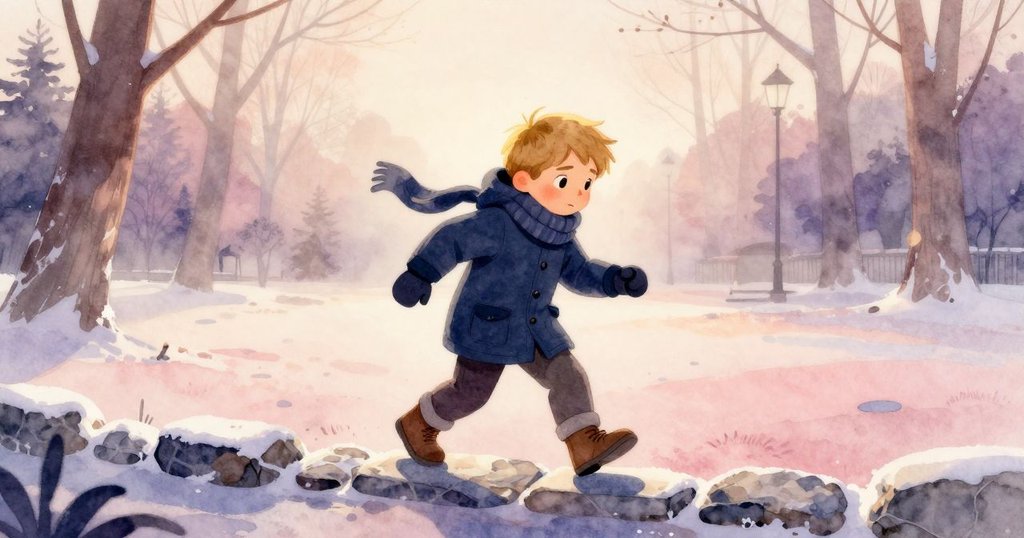 Emil在霧氣繚繞的公園中走向石墻，手套上有霜花點綴，環境寧靜而溫暖