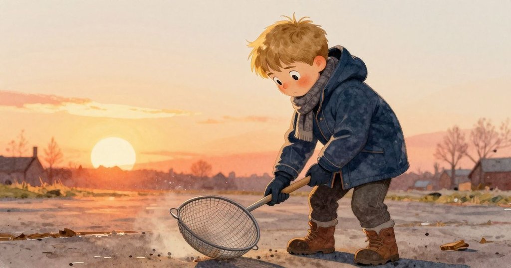 從肩後角度看到Emil彎腰用鐵篩掃灑落沙粒，溫暖的日光照射下工具散發微光