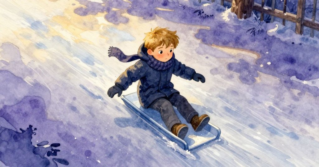 從高處俯瞰，Emil在冰面上滑行時，鐵篩勾住一片凍葉，整個動作充滿活力和戲劇性