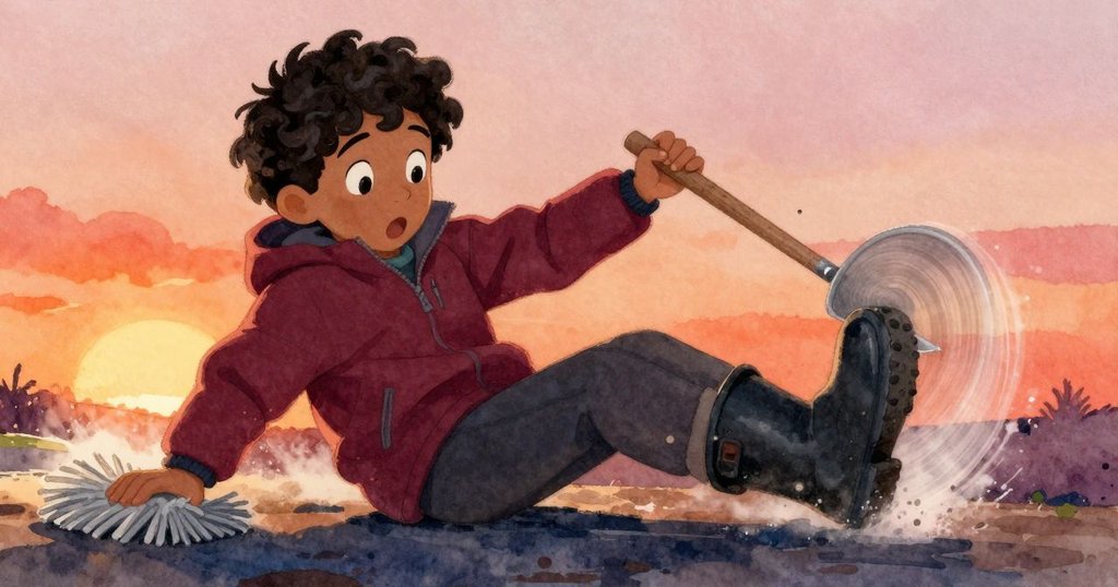 Miles面露驚訝，手持抹布滑過剛乾的路面，鐵篩輕觸他的鞋靴，動作瞬間凝固