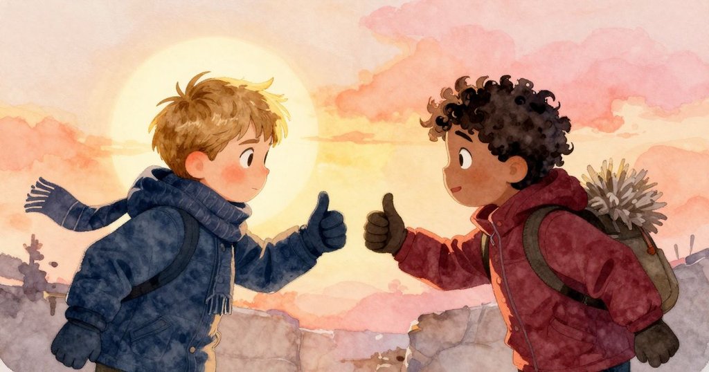 Emil和Miles在遠岸互致豎拇指慶祝成功，溫暖光線灑落在牆面上，兩人滿懷喜悅相會