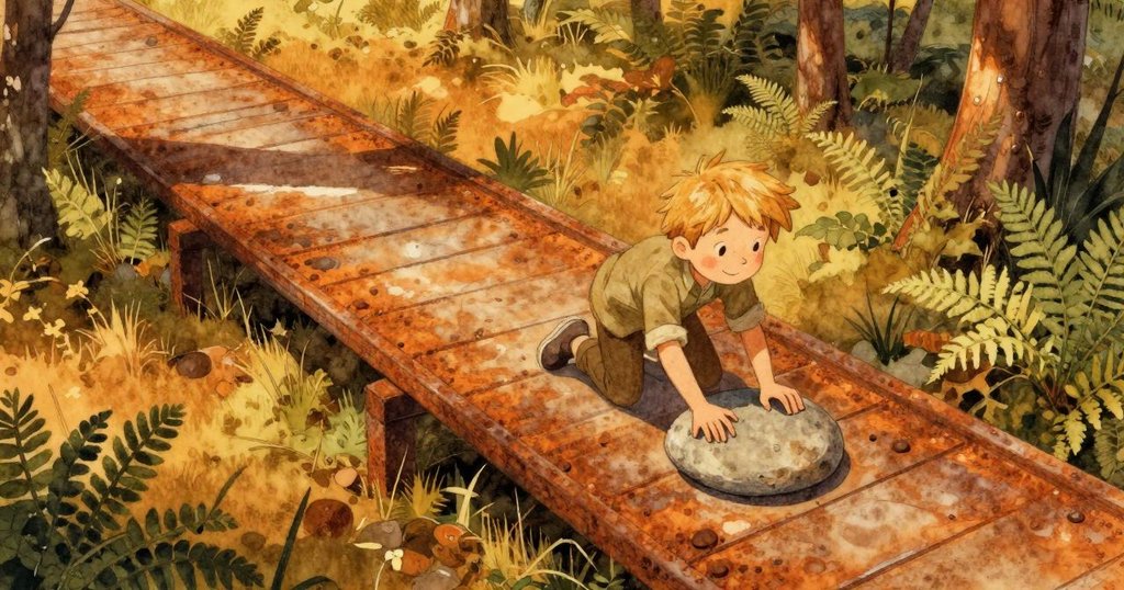 巴雷特正在頂視角下滑動扁石，背景為滿佈蕨類植物的溫暖木板路，顯示出故事開端的冒險氛圍，充滿活力