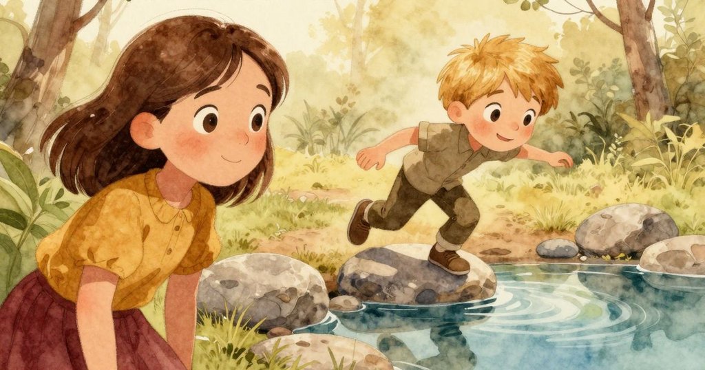 第二塊石頭落入近旁水潭，水面起微波映出周圍蕨類，細膩的光影和反射呈現故事發展中的靜謐瞬間