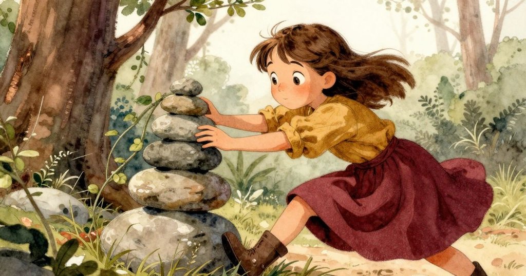 凱斯特在中景中迅速用靴子壓住搖晃的石堆，一根蔓藤靠近，她神情堅定，旁邊有一隻驚跳的松鼠和搖動的枝條