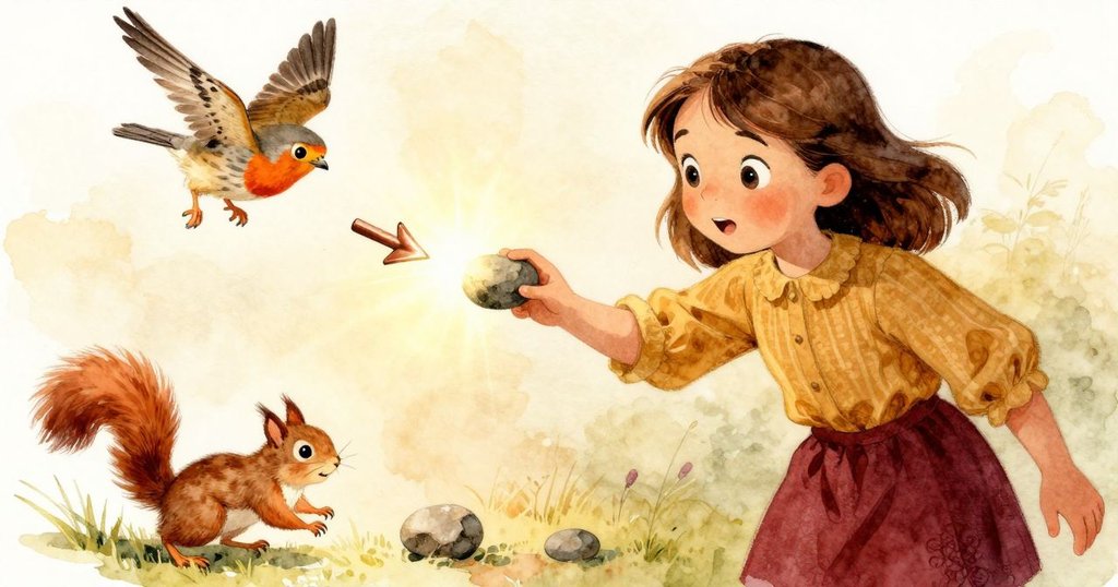 凱斯特在中景中堆砌第三塊石頭，陽光正好照亮銅牌上指向左側的箭頭，一隻知更鳥俯衝，松鼠慌忙逃竄，充滿喜悅與驚奇