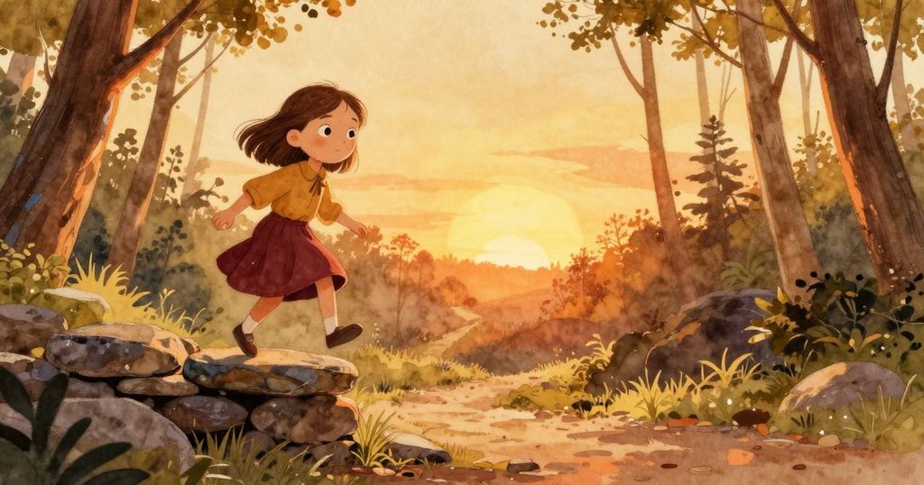 凱斯特在黃昏金色陽光中離開石堆，沿著指引左側的小徑前行，臉上流露出完成任務的溫暖與堅定，背景展現廣闊森林與夕陽